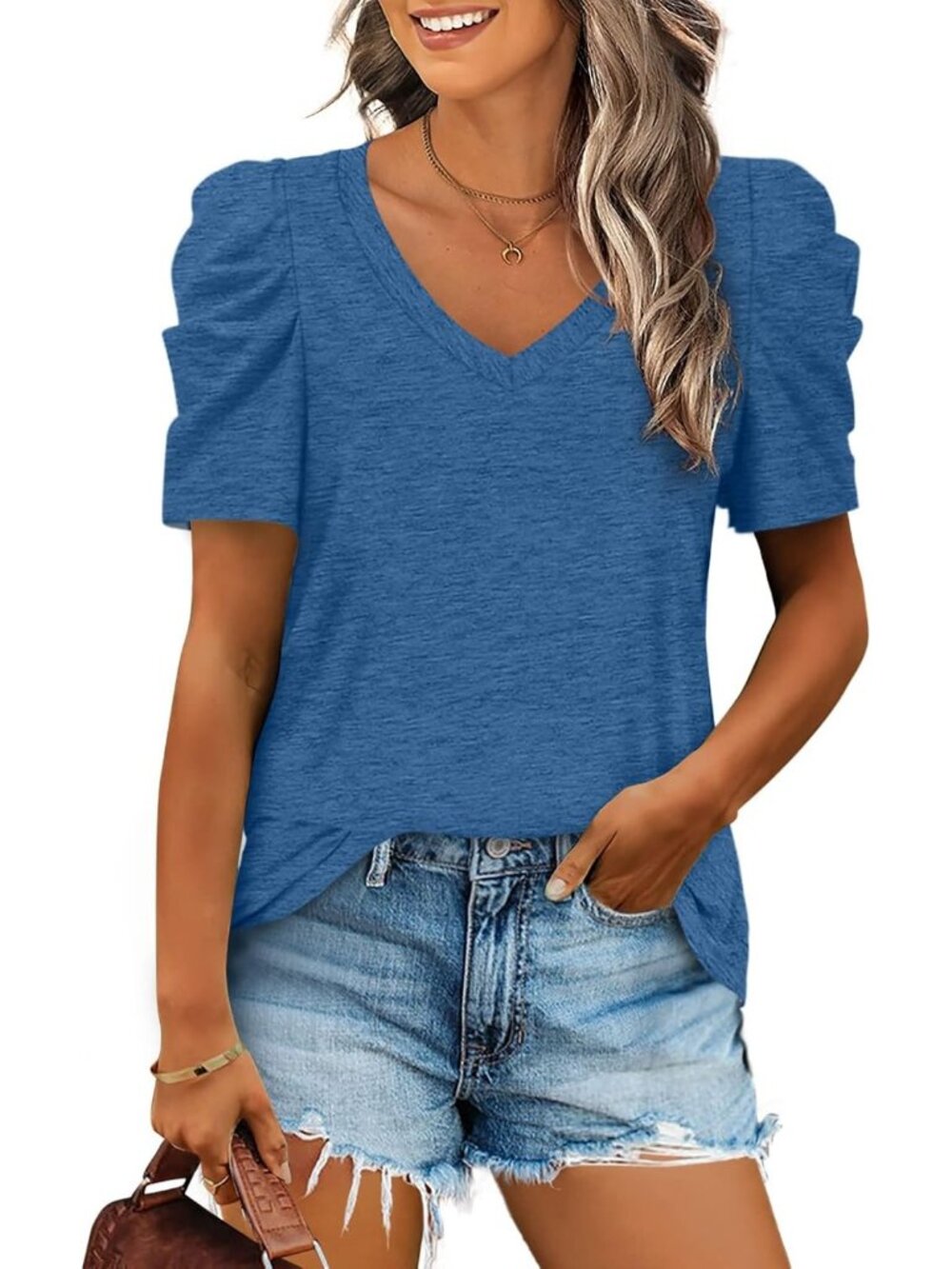 Women's Blue Polyester Blend Puff Sleeve V Neck Pull On Casual Henley Shirts
